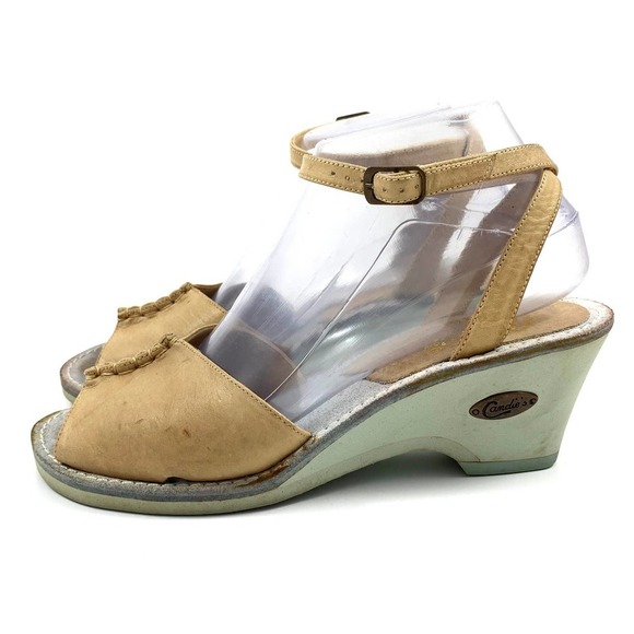 1970's CANDIES EL GRECO nude leather wedge sandals - Picture 1 of 15